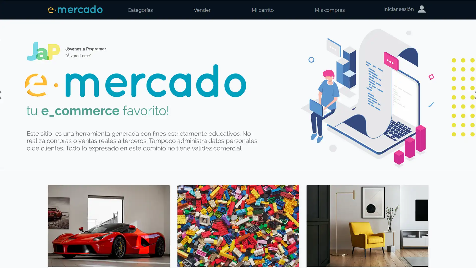 "e-mercado" homepage with menu, logo, and categories like cars, toys, and furniture. Educational e-commerce project.